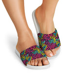 Psychedelic Funky Pattern Print White Slide Sandals