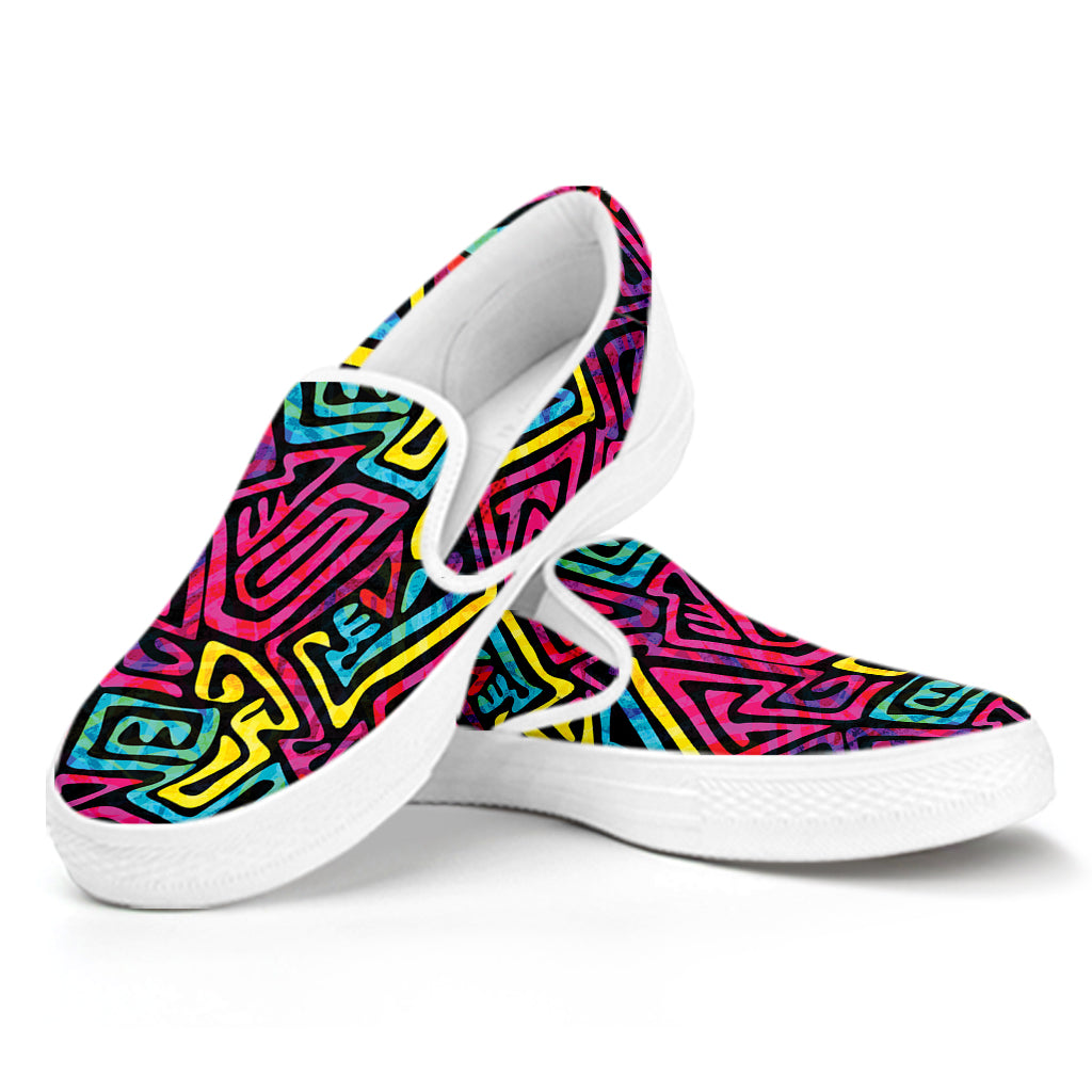 Psychedelic Funky Pattern Print White Slip On Shoes
