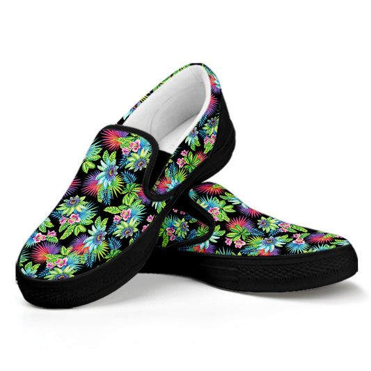 Psychedelic Hawaiian Flower Print Black Slip On Shoes
