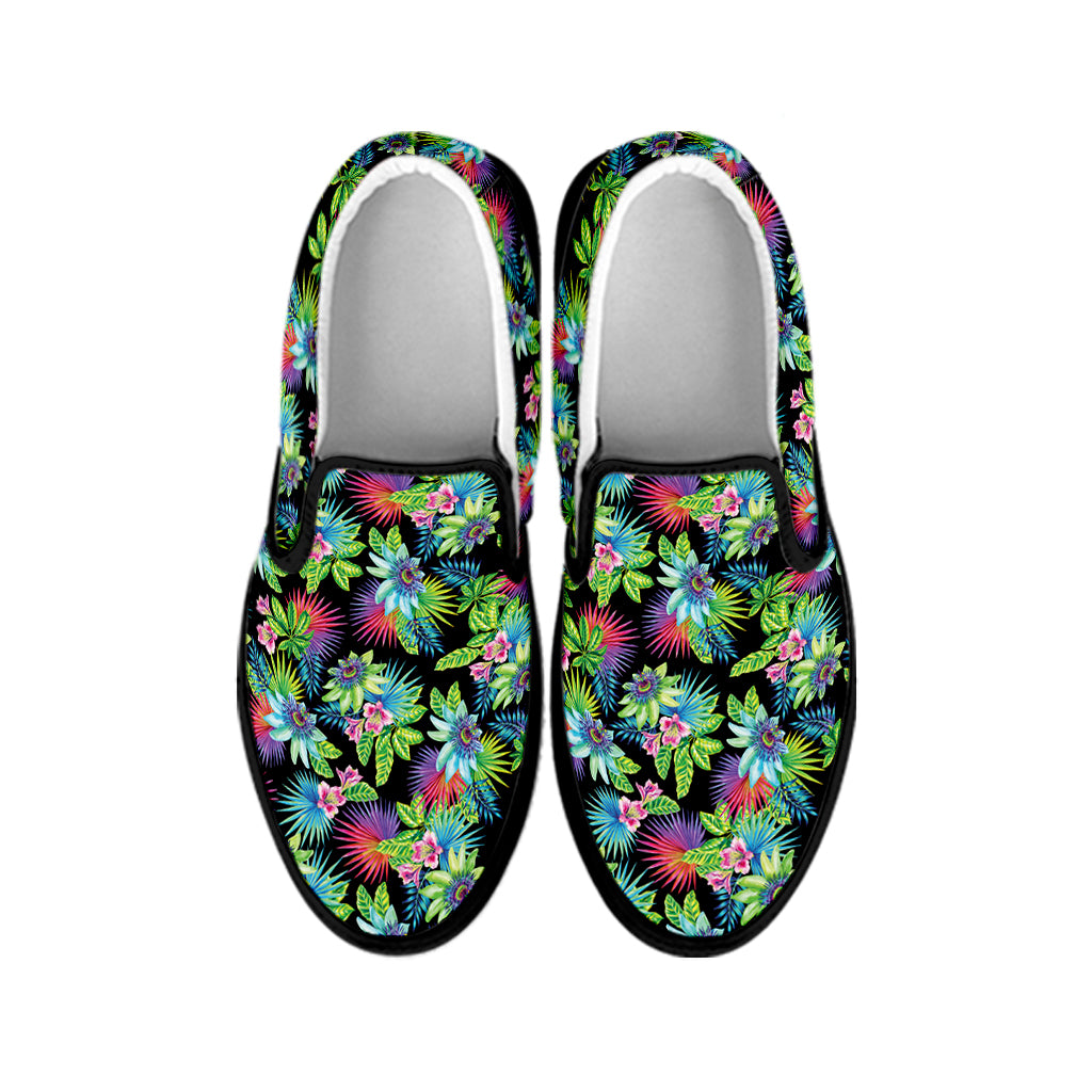 Psychedelic Hawaiian Flower Print Black Slip On Shoes
