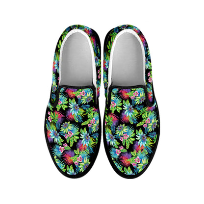Psychedelic Hawaiian Flower Print Black Slip On Shoes
