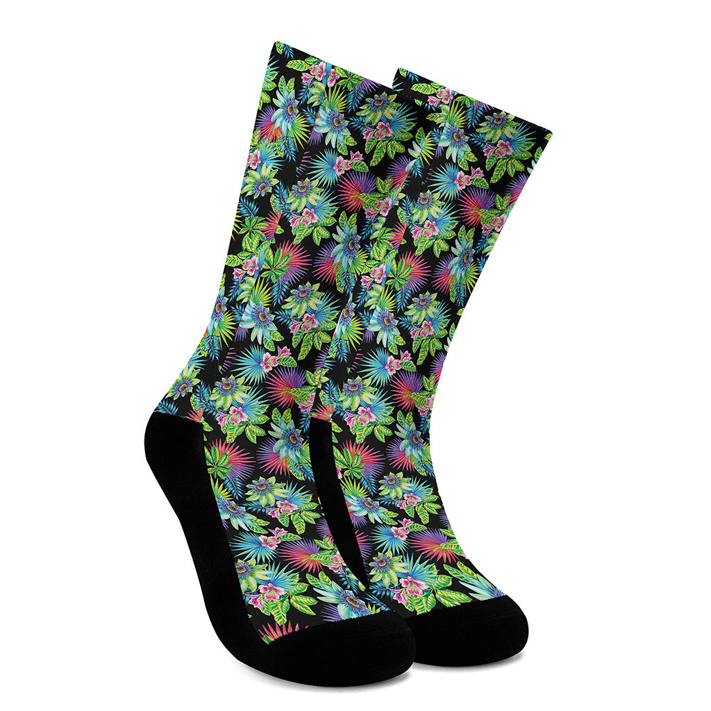 Psychedelic Hawaiian Flower Print Crew Socks