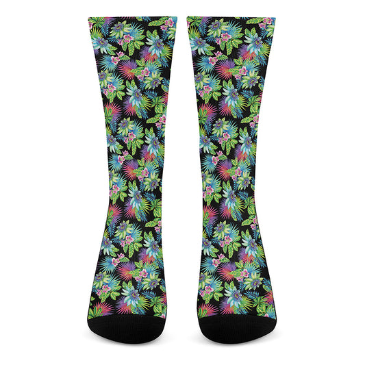 Psychedelic Hawaiian Flower Print Crew Socks