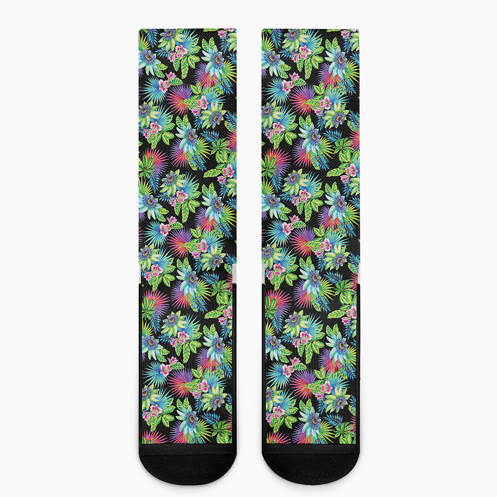 Psychedelic Hawaiian Flower Print Crew Socks