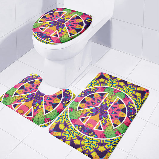 Psychedelic Hippie Peace Sign Print 3 Piece Bath Mat Set