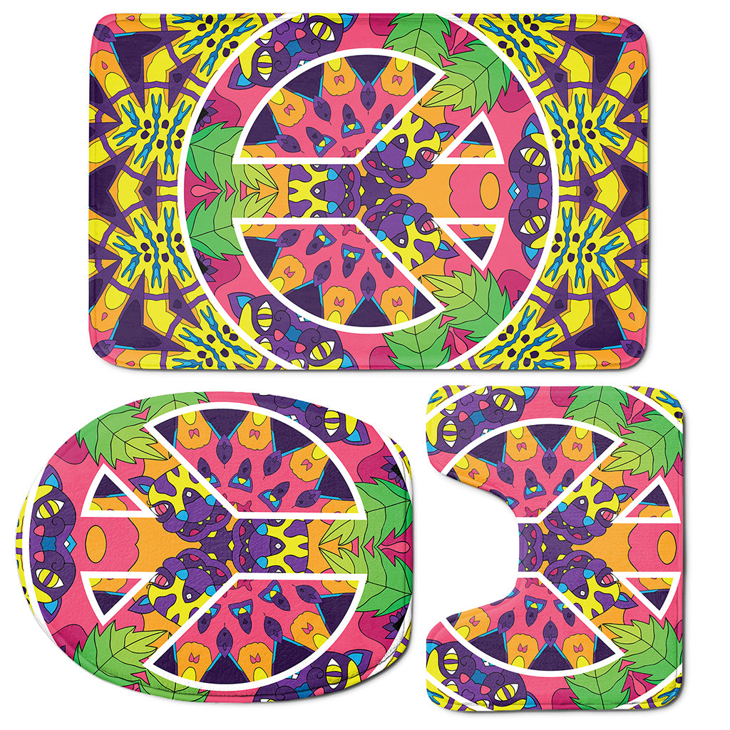 Psychedelic Hippie Peace Sign Print 3 Piece Bath Mat Set