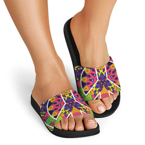 Psychedelic Hippie Peace Sign Print Black Slide Sandals