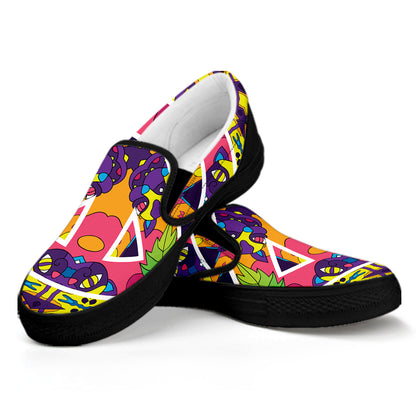 Psychedelic Hippie Peace Sign Print Black Slip On Shoes