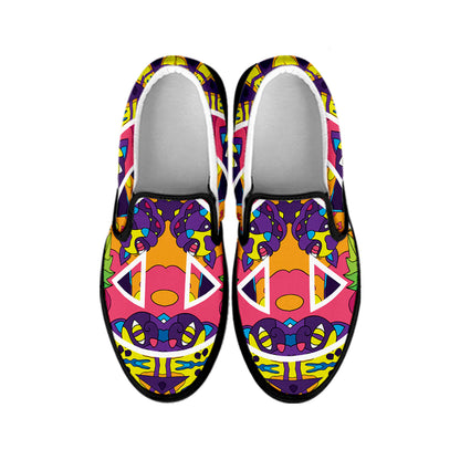 Psychedelic Hippie Peace Sign Print Black Slip On Shoes