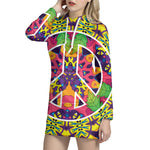 Psychedelic Hippie Peace Sign Print Pullover Hoodie Dress