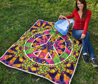 Psychedelic Hippie Peace Sign Print Quilt