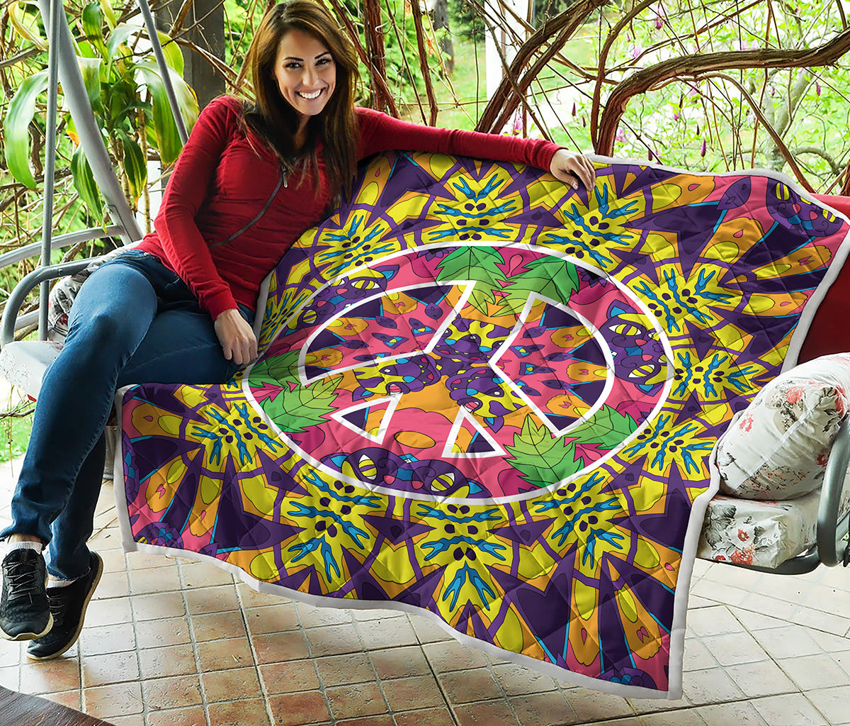 Psychedelic Hippie Peace Sign Print Quilt