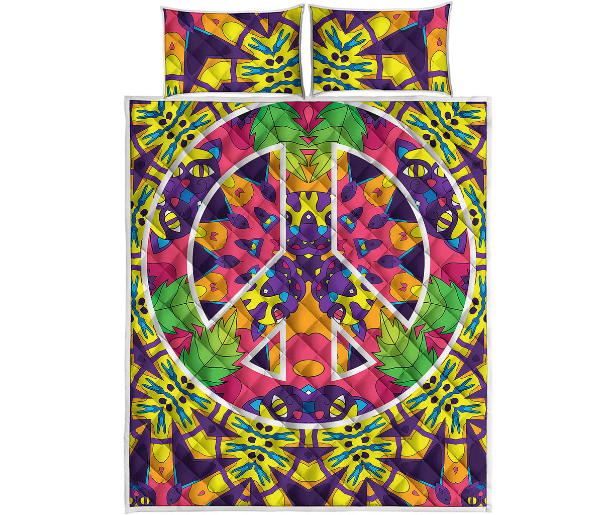 Psychedelic Hippie Peace Sign Print Quilt Bed Set