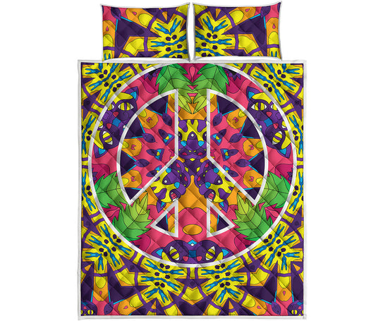 Psychedelic Hippie Peace Sign Print Quilt Bed Set