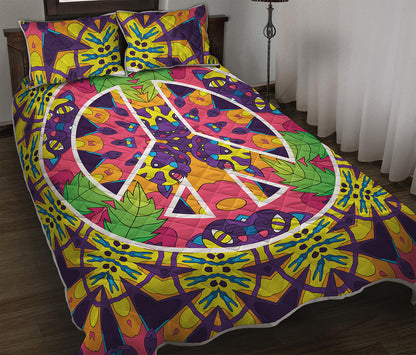 Psychedelic Hippie Peace Sign Print Quilt Bed Set