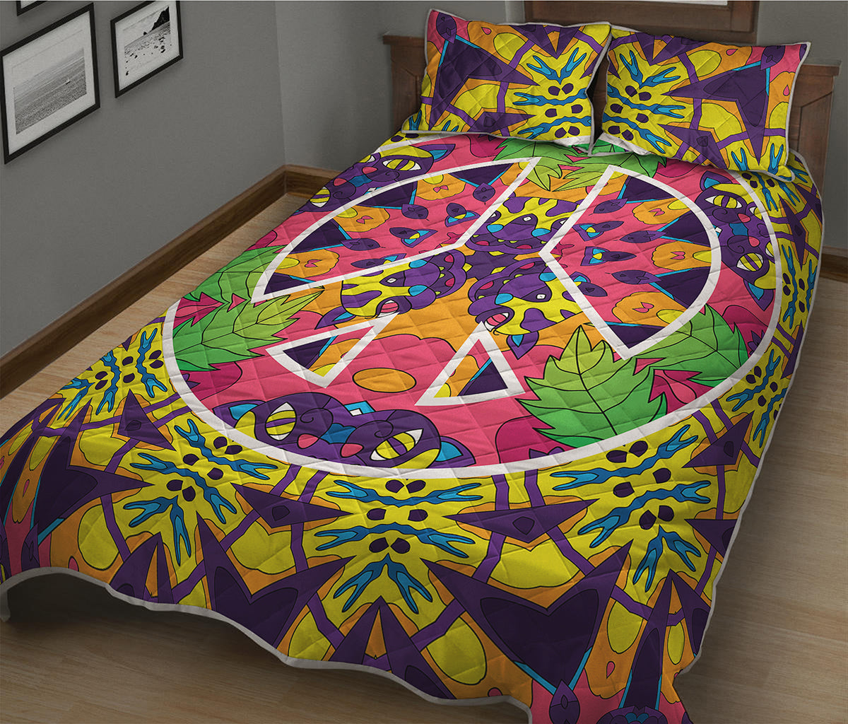 Psychedelic Hippie Peace Sign Print Quilt Bed Set