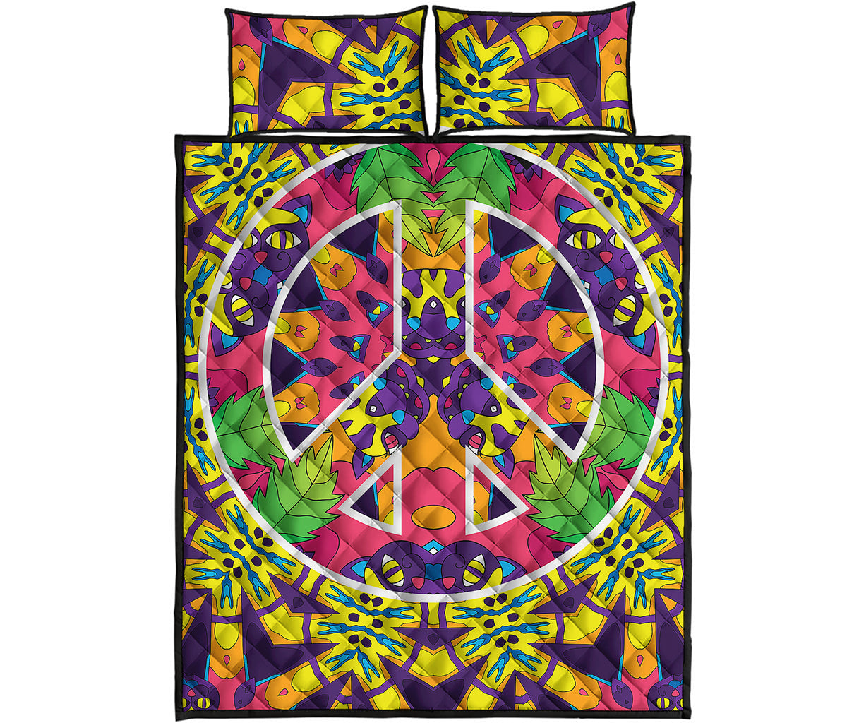 Psychedelic Hippie Peace Sign Print Quilt Bed Set