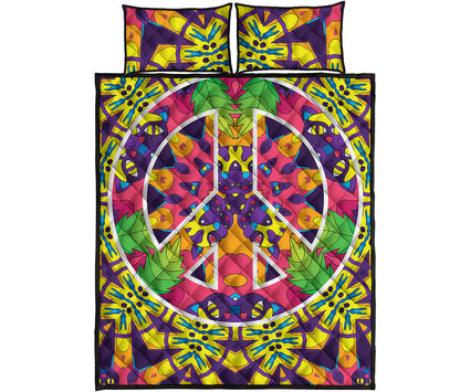 Psychedelic Hippie Peace Sign Print Quilt Bed Set