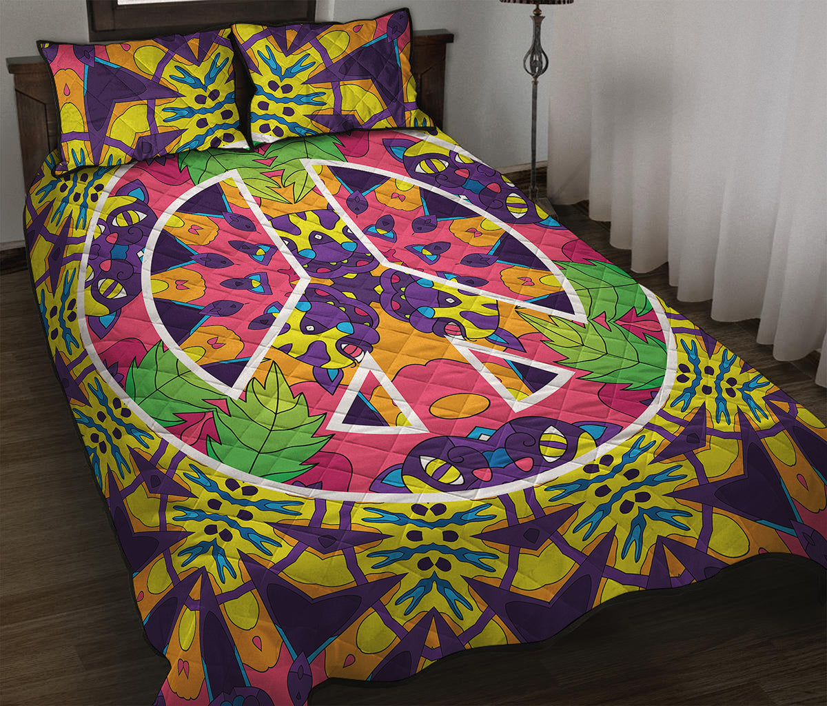 Psychedelic Hippie Peace Sign Print Quilt Bed Set