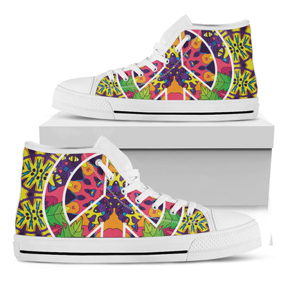 Psychedelic Hippie Peace Sign Print White High Top Shoes