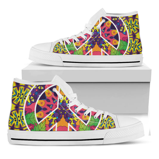 Psychedelic Hippie Peace Sign Print White High Top Shoes