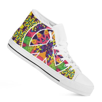 Psychedelic Hippie Peace Sign Print White High Top Shoes