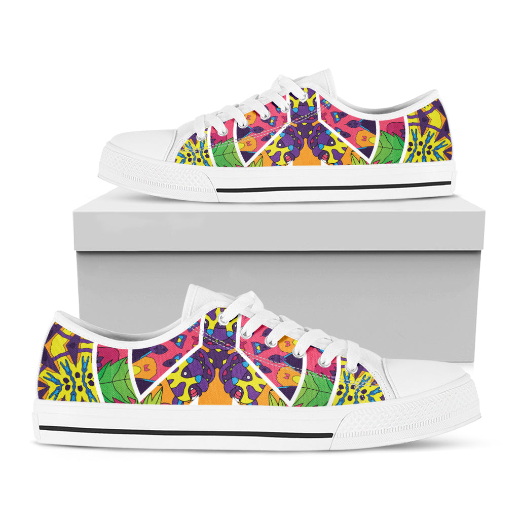 Psychedelic Hippie Peace Sign Print White Low Top Shoes