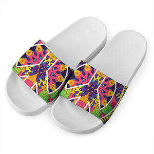 Psychedelic Hippie Peace Sign Print White Slide Sandals