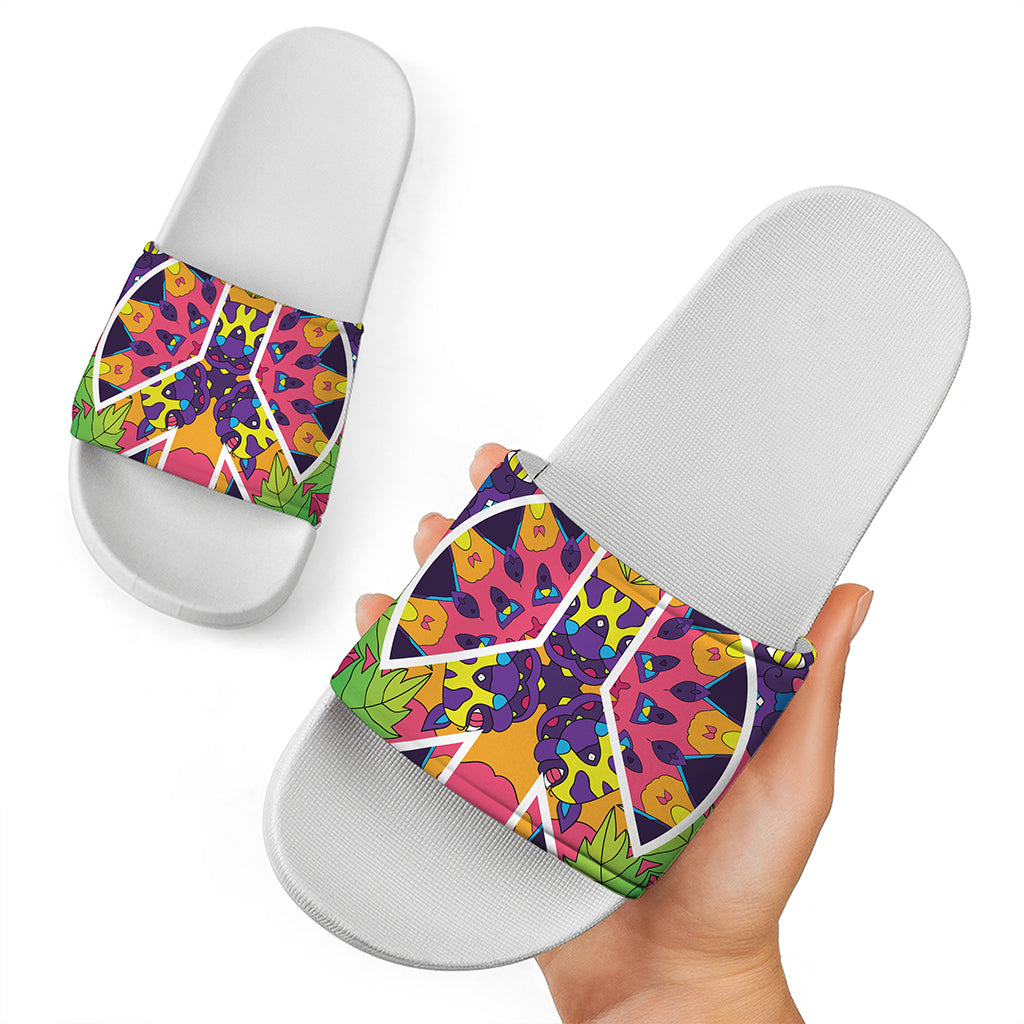 Psychedelic Hippie Peace Sign Print White Slide Sandals