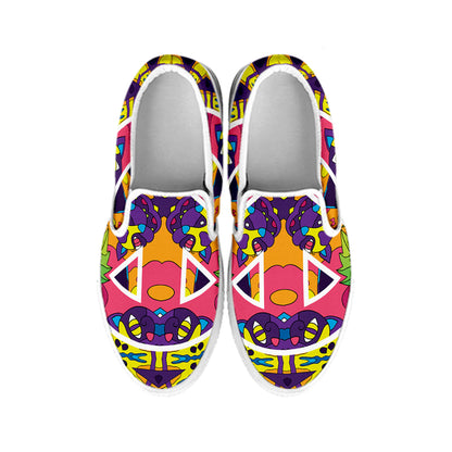 Psychedelic Hippie Peace Sign Print White Slip On Shoes