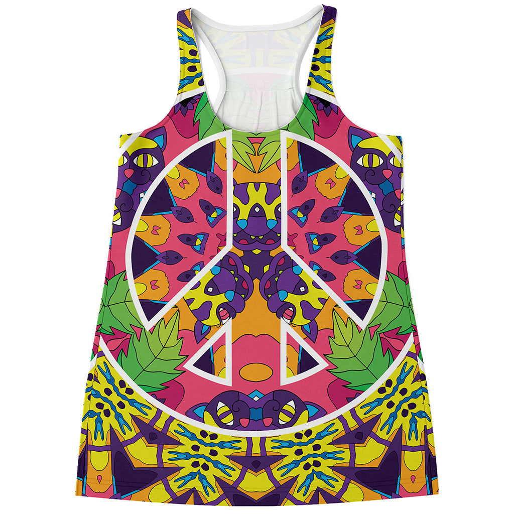 Psychedelic Hippie Peace Sign Print Women's Racerback Tank Top