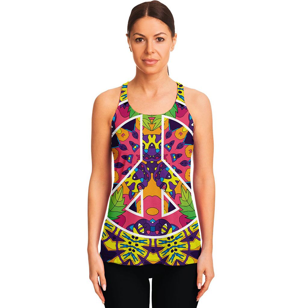 Psychedelic Hippie Peace Sign Print Women's Racerback Tank Top