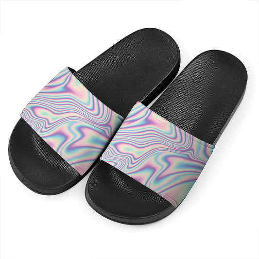Psychedelic Holographic Print Black Slide Sandals
