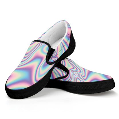 Psychedelic Holographic Print Black Slip On Shoes