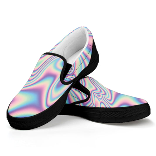 Psychedelic Holographic Print Black Slip On Shoes