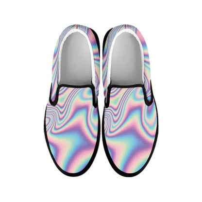 Psychedelic Holographic Print Black Slip On Shoes