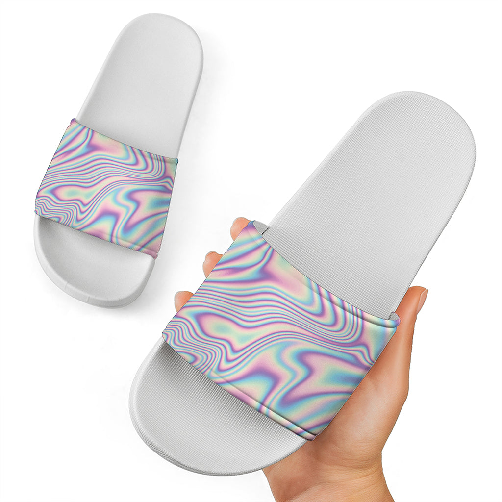 Psychedelic Holographic Print White Slide Sandals