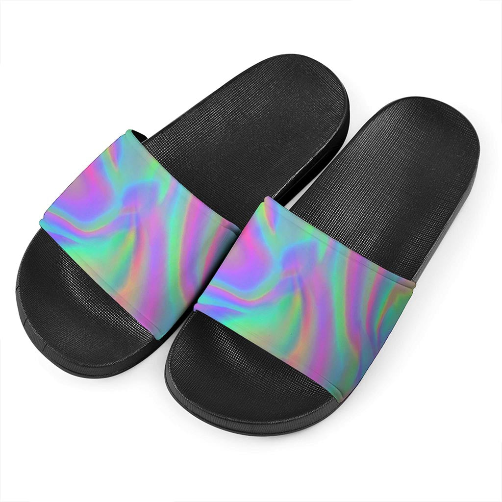 Psychedelic Holographic Trippy Print Black Slide Sandals