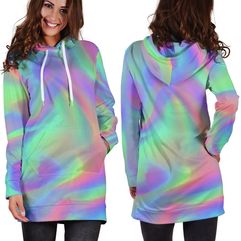 Psychedelic Holographic Trippy Print Hoodie Dress GearFrost