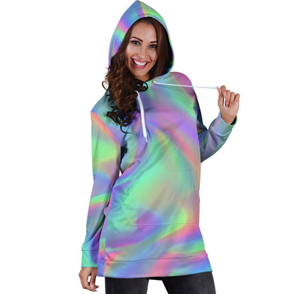 Psychedelic Holographic Trippy Print Hoodie Dress GearFrost