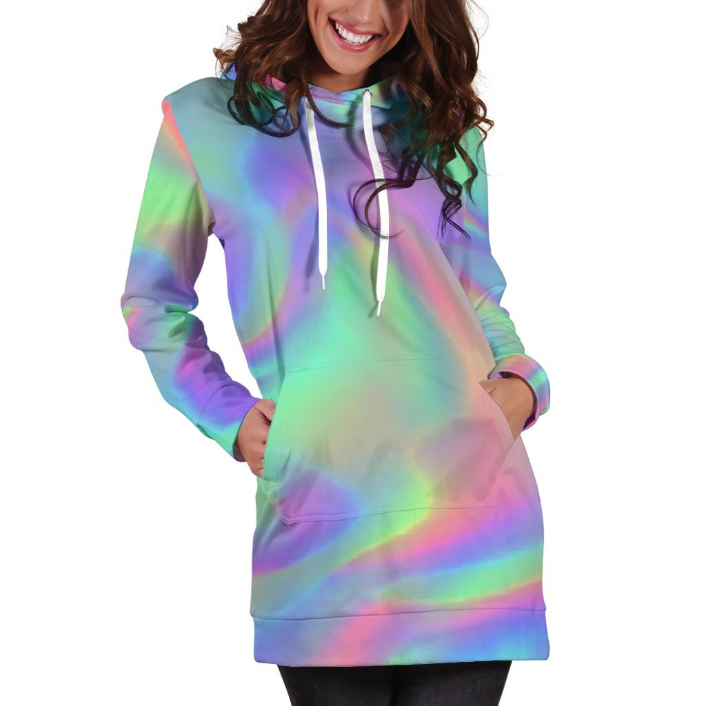 Psychedelic Holographic Trippy Print Hoodie Dress GearFrost