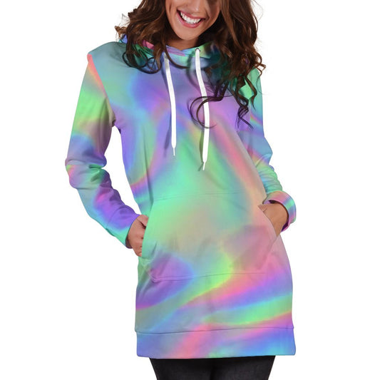 Psychedelic Holographic Trippy Print Hoodie Dress GearFrost