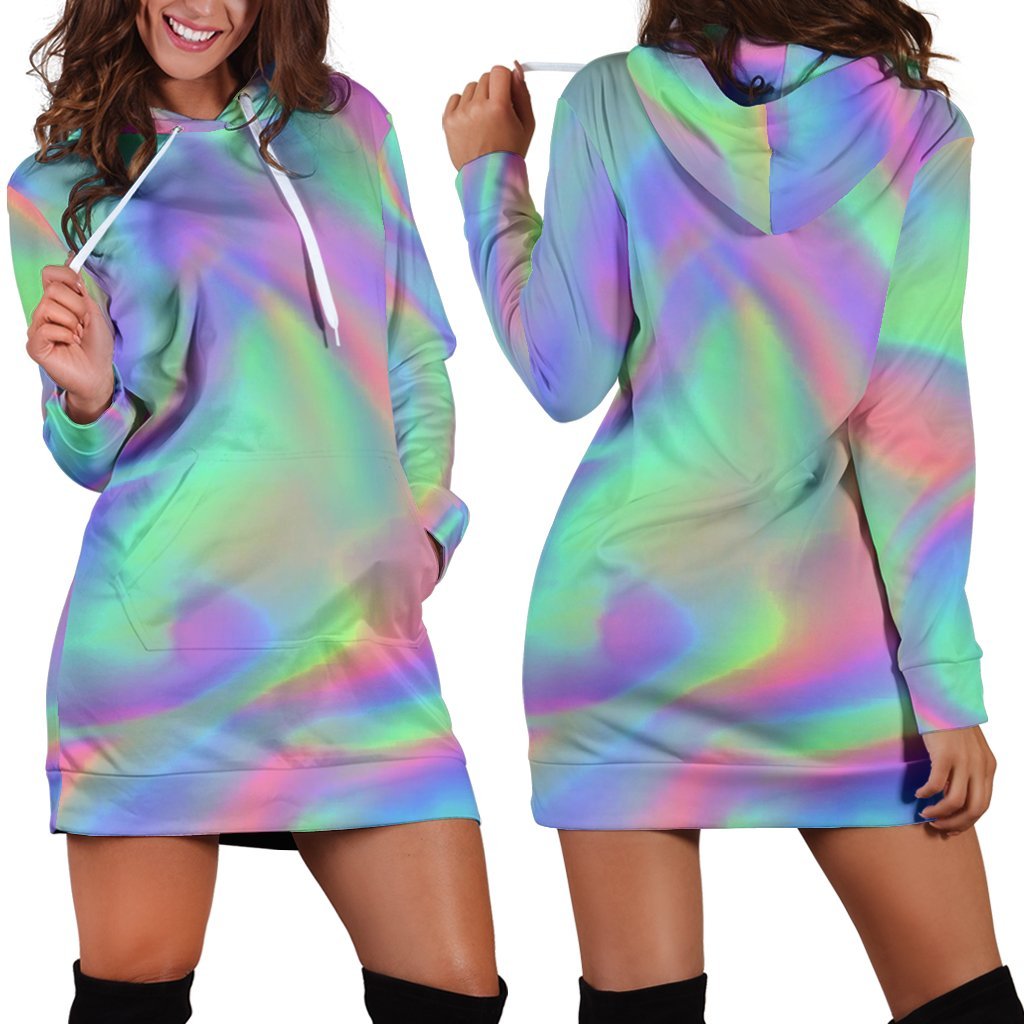 Psychedelic Holographic Trippy Print Hoodie Dress GearFrost
