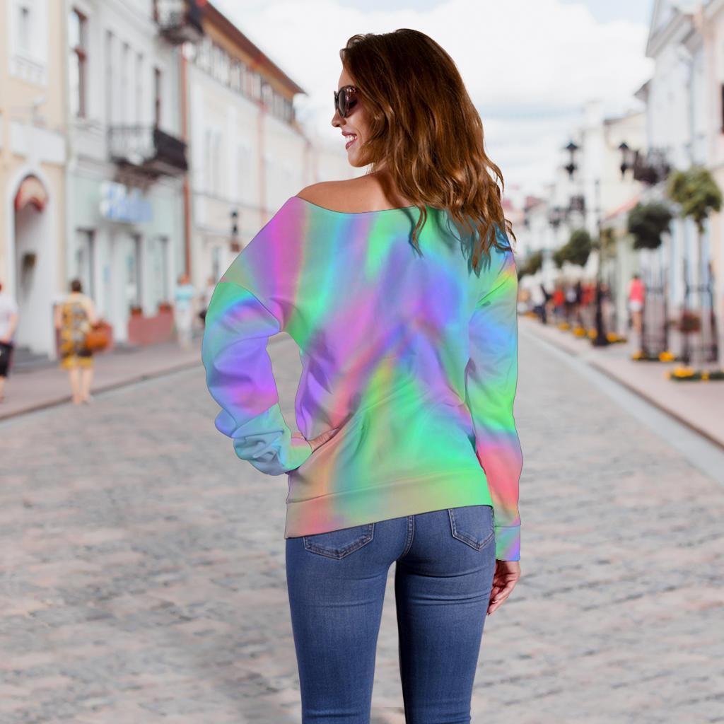 Psychedelic Holographic Trippy Print Off Shoulder Sweatshirt GearFrost