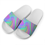 Psychedelic Holographic Trippy Print White Slide Sandals