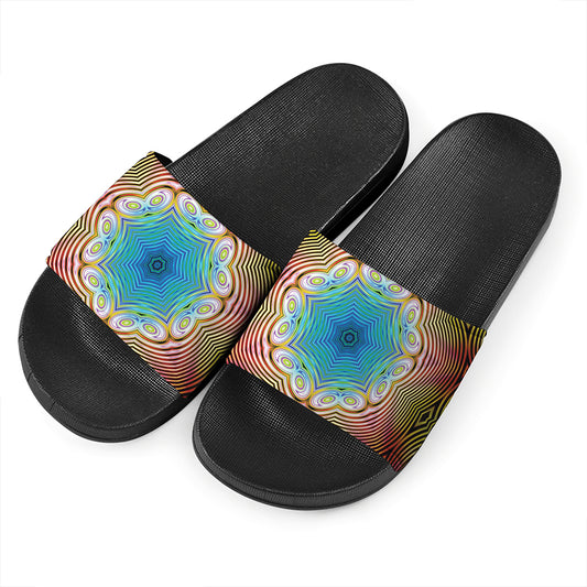 Psychedelic Kaleidoscope Print Black Slide Sandals