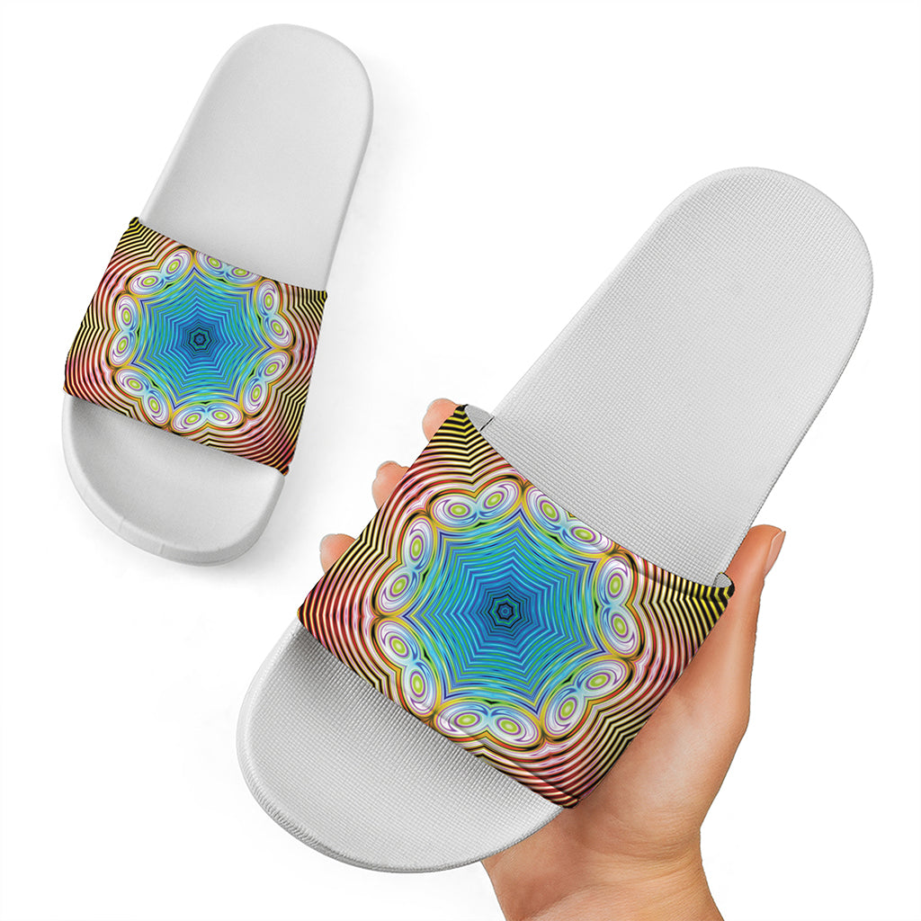 Psychedelic Kaleidoscope Print White Slide Sandals