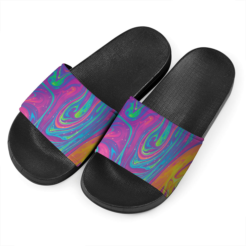 Psychedelic Liquid Print Black Slide Sandals