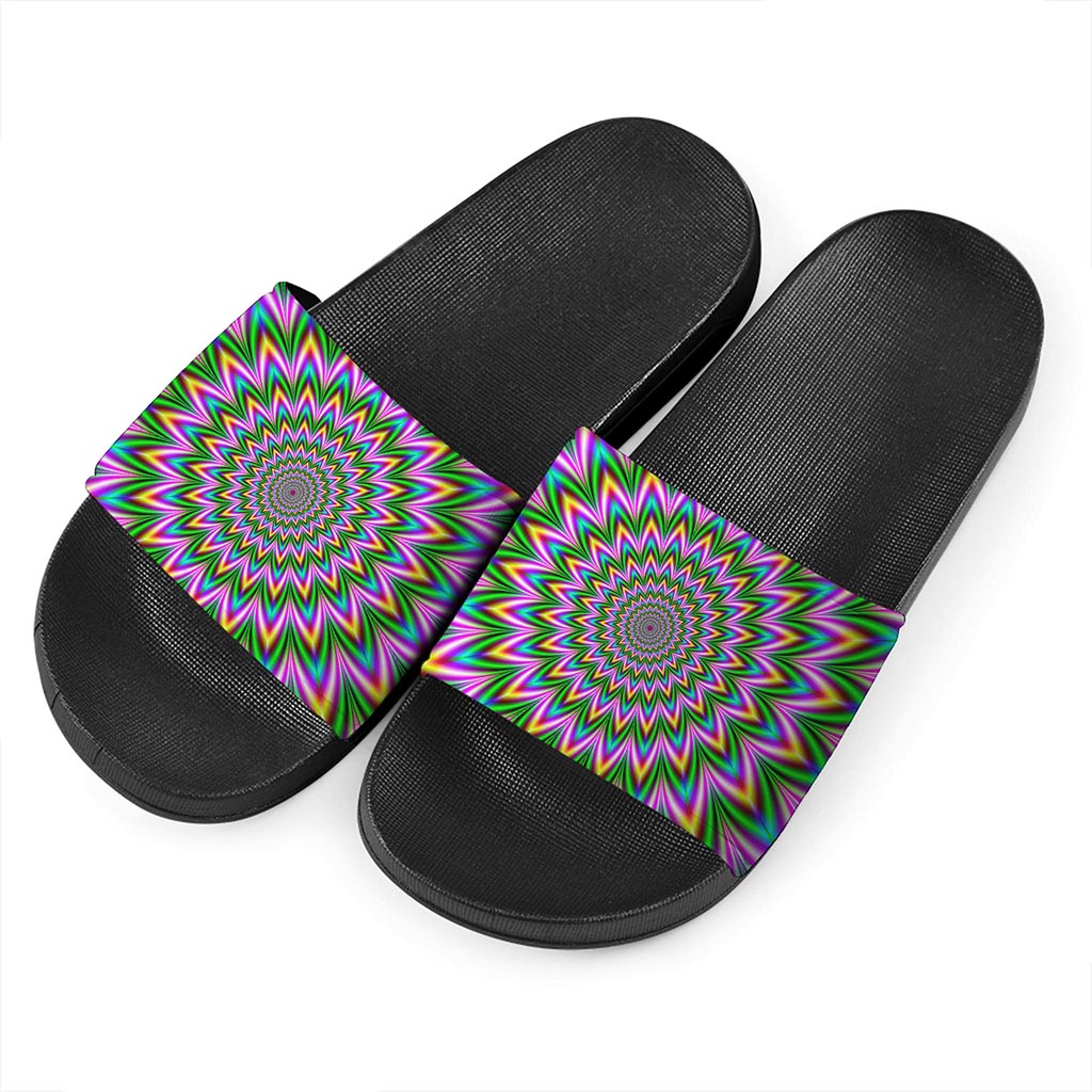 Psychedelic Radiant Optical Illusion Black Slide Sandals