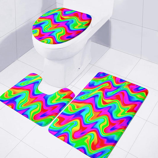 Psychedelic Rainbow Trippy Print 3 Piece Bath Mat Set